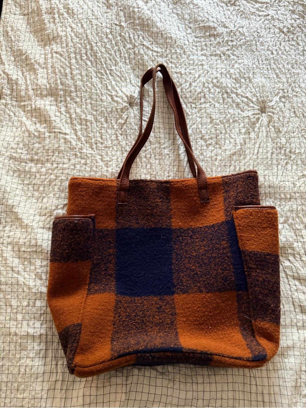 Duluth Trading Company Plaid Wool Tote Bag in Rust and Navy